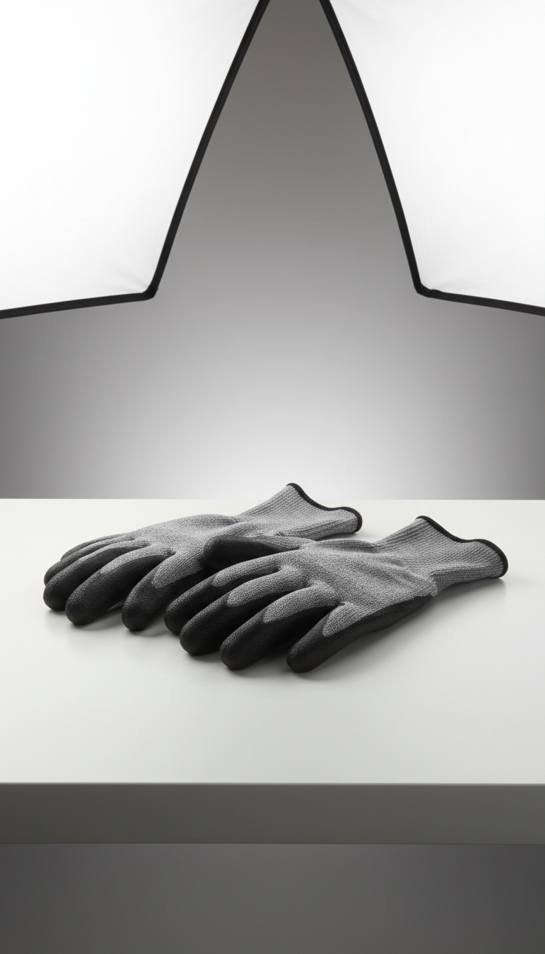 A pair of high-quality, reinforced grey industrial work gloves made of tightly woven cut-resistant fabric with textured black nitrile-coated palms for superior grip. The gloves are neatly arranged on a smooth, matte white display table in a modern, well-organized product photography studio. Diffused softbox lighting overhead eliminates harsh shadows and gently highlights the texture and contours of the gloves, emphasizing their robust construction. The overall atmosphere is clean, professional, and trustworthy. The composition is centered at an eye-level angle with sharp focus throughout, complemented by a subtle gradient neutral backdrop. The image style is photographic realism with a minimalist, corporate-inspired aesthetic, reflecting the store’s commitment to safety and quality.