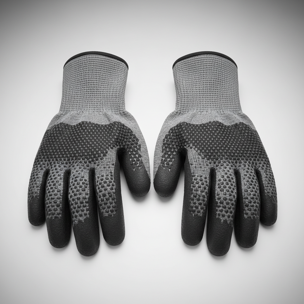A pair of high-quality, reinforced grey industrial work gloves made of tightly woven cut-resistant fabric with textured black nitrile-coated palms for superior grip. The gloves are neatly arranged on a smooth, matte white display table in a modern, well-organized product photography studio. Diffused softbox lighting overhead eliminates harsh shadows and gently highlights the texture and contours of the gloves, emphasizing their robust construction. The overall atmosphere is clean, professional, and trustworthy. The composition is centered at an eye-level angle with sharp focus throughout, complemented by a subtle gradient neutral backdrop. The image style is photographic realism with a minimalist, corporate-inspired aesthetic, reflecting the store’s commitment to safety and quality.