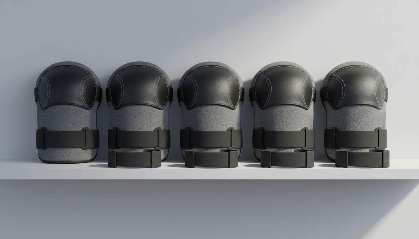 A neatly arranged set of industrial-quality knee pads made of dense, textured grey foam with durable black synthetic leather caps and adjustable elastic bands, displayed on a flawless, light grey shelf in a modern e-commerce photo setup. The padding’s intricate textures and stitching details are emphasized by directional soft studio lighting from the right, creating delicate shadows that accentuate their functional design and contours. The environment is sparse and professional, conveying reliability and trust. Photographed from an eye-level, centered viewpoint with moderate depth of field, allowing both foreground and background details to remain crisp and clear. The overall atmosphere is one of safety and advanced engineering, with a photographic, minimalist style aligned with the corporate identity of the store.
