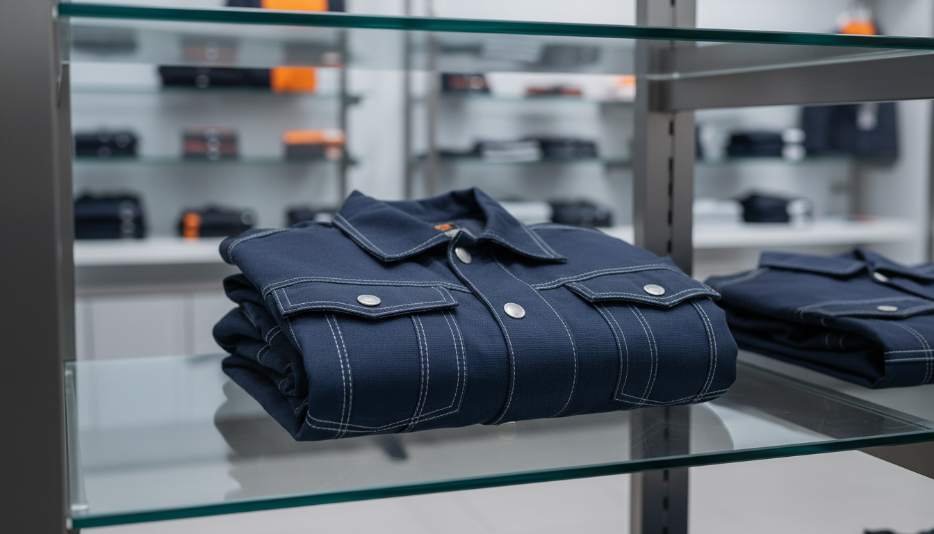 A durable navy-blue work jacket constructed from thick, abrasion-resistant canvas fabric with reflective silver safety piping along the seams and sturdy metal snap closures. The jacket is meticulously folded and placed on a spotless glass shelf within a sleek, minimalist retail environment featuring brushed steel accents and organized shelving in the soft out-of-focus background. Even, cool-toned studio lighting softly illuminates the jacket, creating slight highlights on the reflective tape and gentle shadows beneath, producing a sense of depth. The mood is structured and reliable, emphasizing product durability. Photographed with a balanced, rule-of-thirds composition from a slightly elevated angle, the photographic realism and clean corporate style underline the premium and professional nature of the store’s apparel selection.