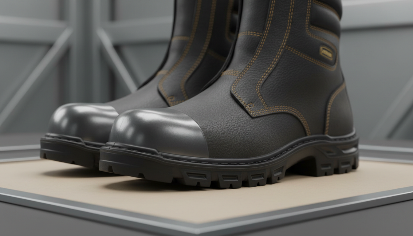 A close-up of industrial-grade, steel-capped safety boots with dark charcoal leather uppers, reinforced stitching, and oil-resistant black soles resting on a smooth, neutral light tan surface. The setting is in a structured, no-clutter product viewing zone defined by clean geometric lines and subtle metallic elements blurred in the background. Distinct but soft overhead lighting brings out the leather’s grain and creates subtle reflections on the steel cap, resulting in a dynamic yet controlled visual. The image is shot at a slightly low, three-quarter angle to showcase the sturdy design and innovative grip pattern of the sole, with crisp focus throughout. The aesthetic is purpose-driven and modern, emphasizing reliability and professional standards, matching the site’s authoritative, photographic corporate style.
