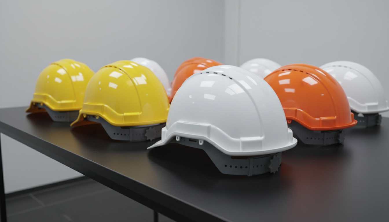 A collection of brightly colored hard hats—vivid yellow, crisp white, and bold orange—crafted from impact-resistant polycarbonate with smooth, glossy surfaces and adjustable ratcheting bands visible from the interior. The hard hats are grouped methodically on a pristine, matte-black tabletop in a bright, neutral-toned product display area. Overhead diffused studio lighting ensures consistent, gentle illumination, highlighting each helmet’s unique sheen and smooth contours while casting subtle, uniform shadows. The overall mood is organized and professional, instilling confidence in workplace safety. Captured from a low, side-on perspective with sharp focus on front-row helmets and slight bokeh on the rest, the image achieves a structured, clean, and contemporary corporate aesthetic with photographic precision.