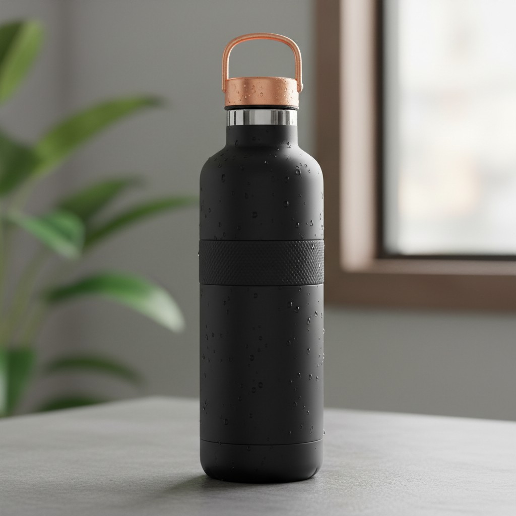 The image features a dark gray thermos-style water bottle with a rose gold lid and handle, positioned on a light-colored t...