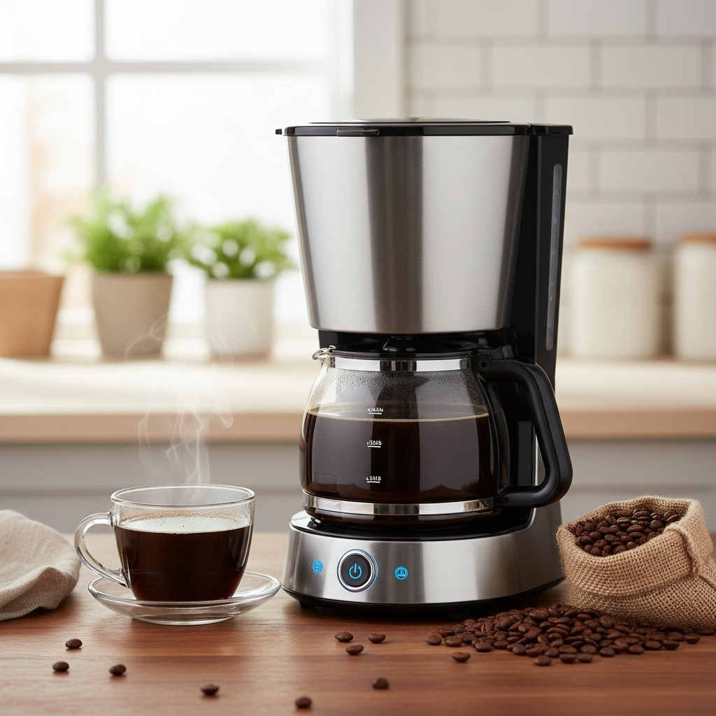 Kahve öğütücüsü bir demlik ve bir bez sandalye ile bir mutfak masasında. Kahve öğütücüsü alt kısımda kahve fabrikedinin se...