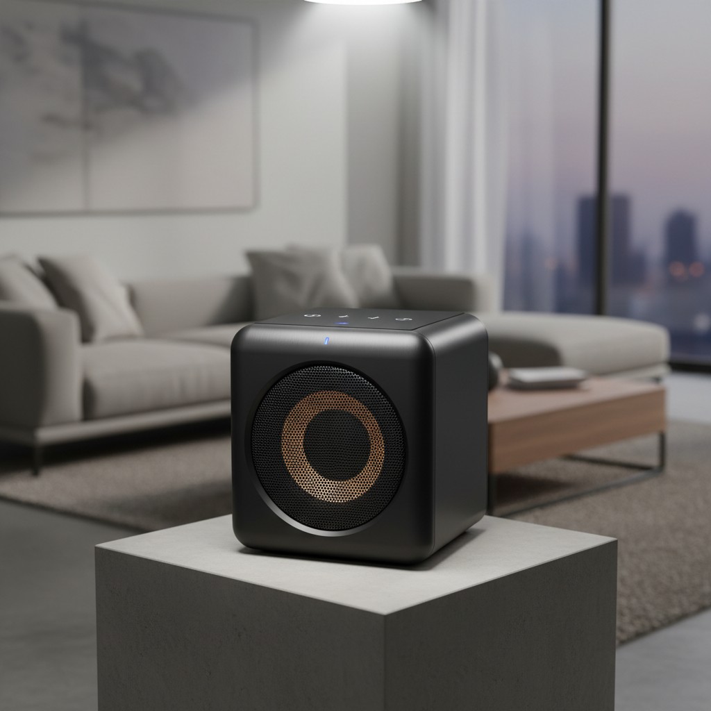 The image shows a black smart speaker on display in a living room, with a gray couch, gray carpet, and wood coffee table n...